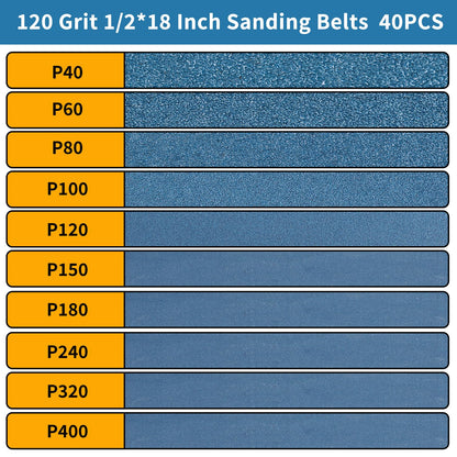 40-Piece Premium 1/2 x 18 Inch Zirconia Sanding Belts 40-400 Grit