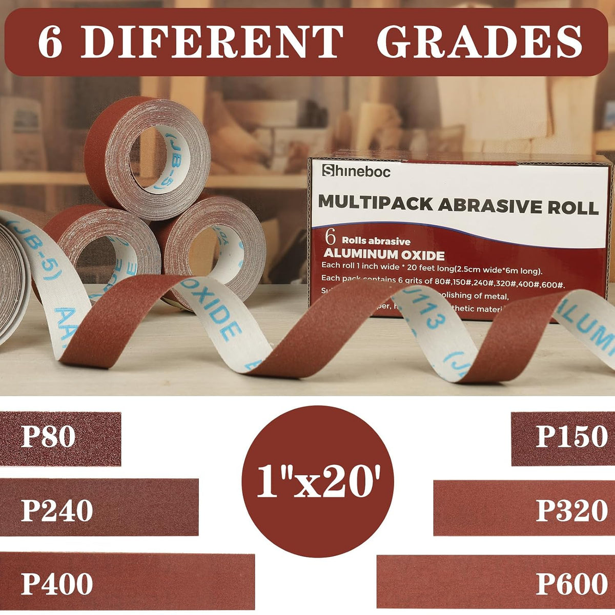 Emery Cloth Roll, 1 Inch x 20 Feet Heavy Duty Sandpaper, 6 Rolls