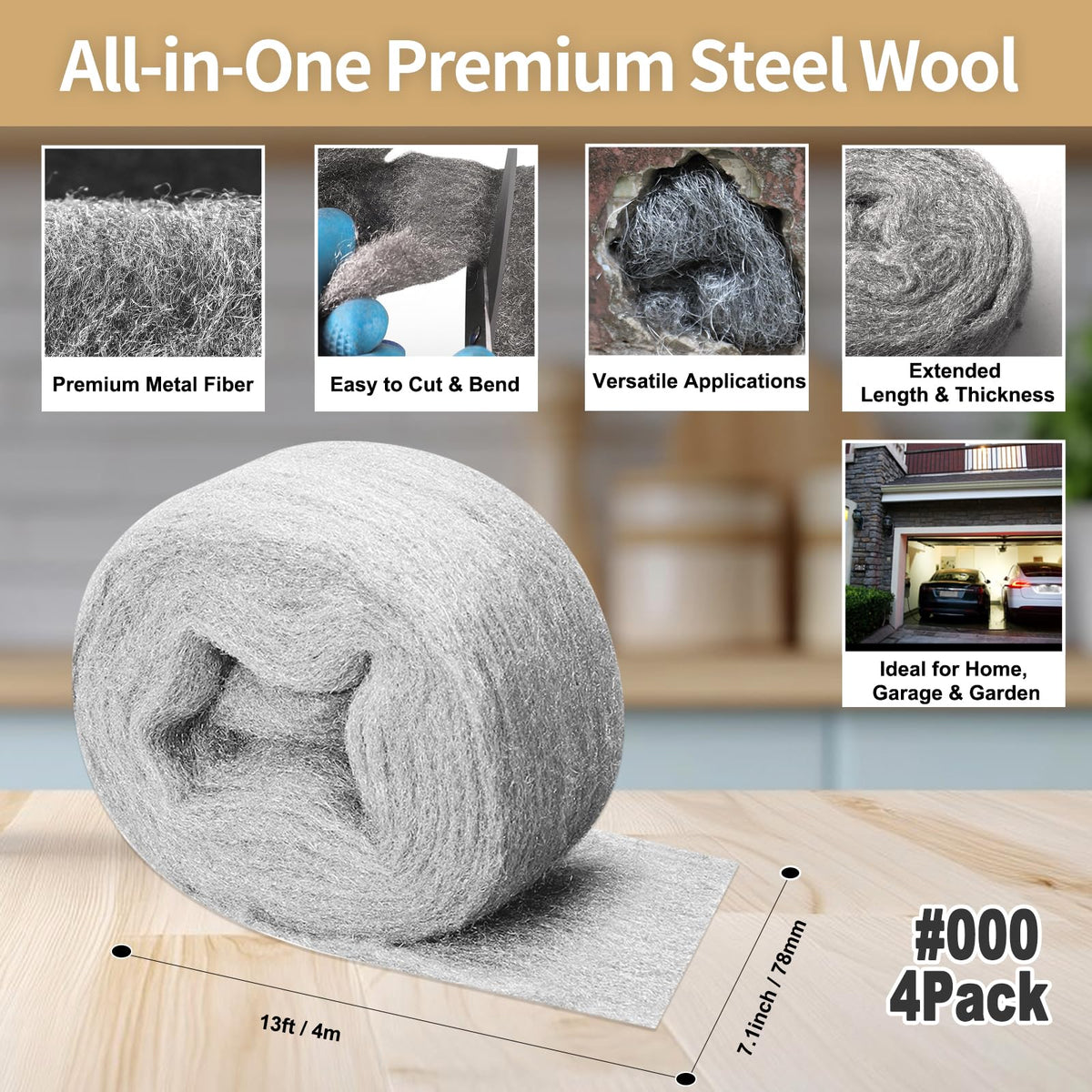 Steel Wool Mice Control, #1 Coarse, 3.1 inch x 13 ft, 4 Pack