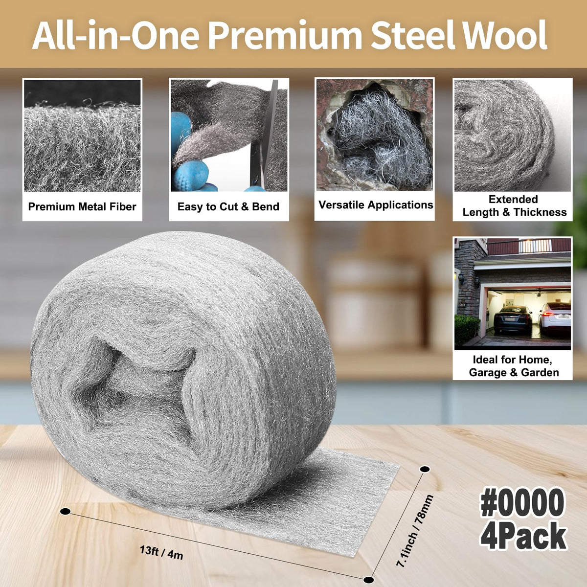 Steel Wool Mice Control, #1 Coarse, 3.1 inch x 13 ft, 4 Pack