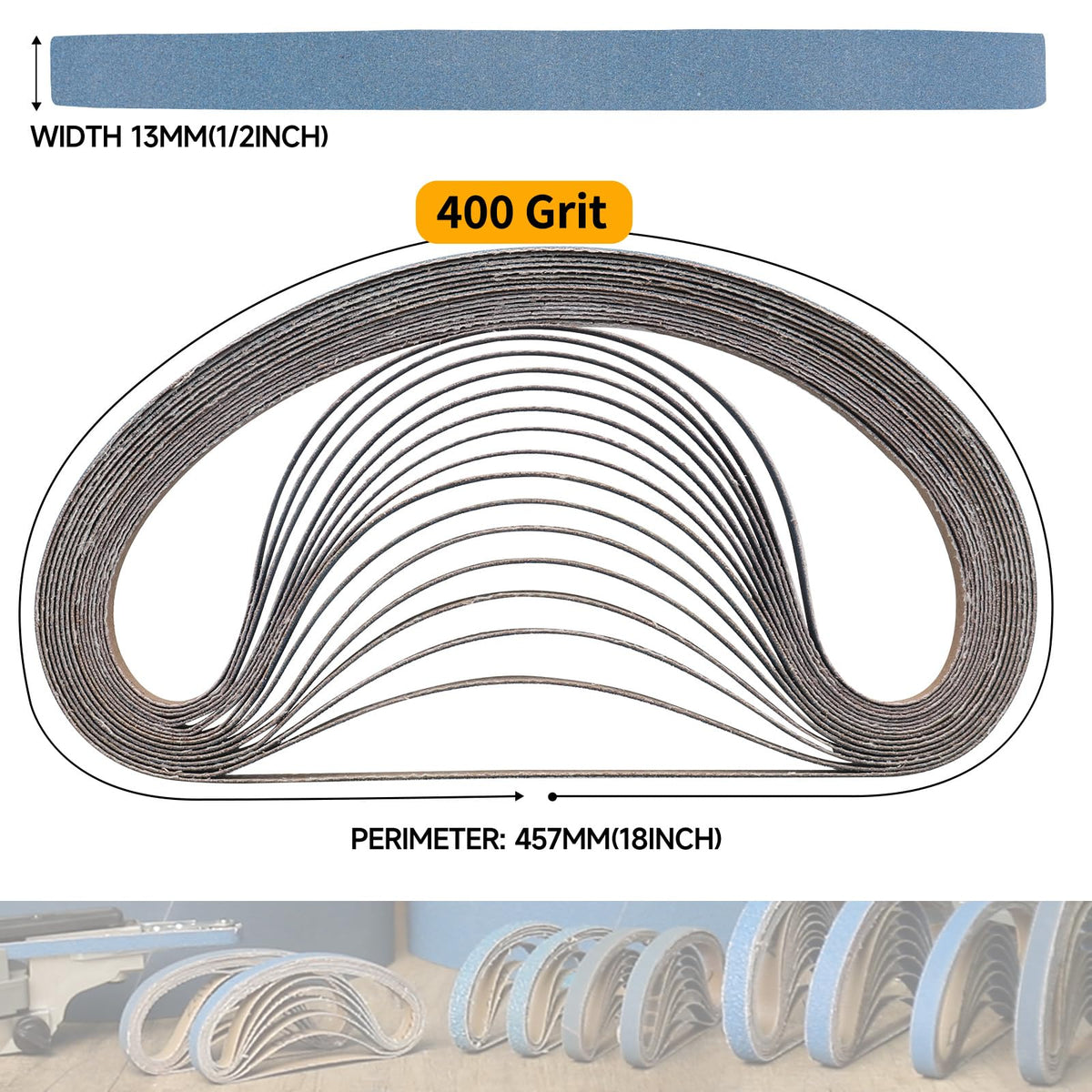 40-Piece Premium 1/2 x 18 Inch Zirconia Sanding Belts 40-400 Grit