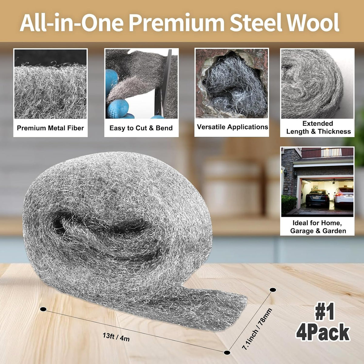 Steel Wool Mice Control, #1 Coarse, 3.1 inch x 13 ft, 4 Pack