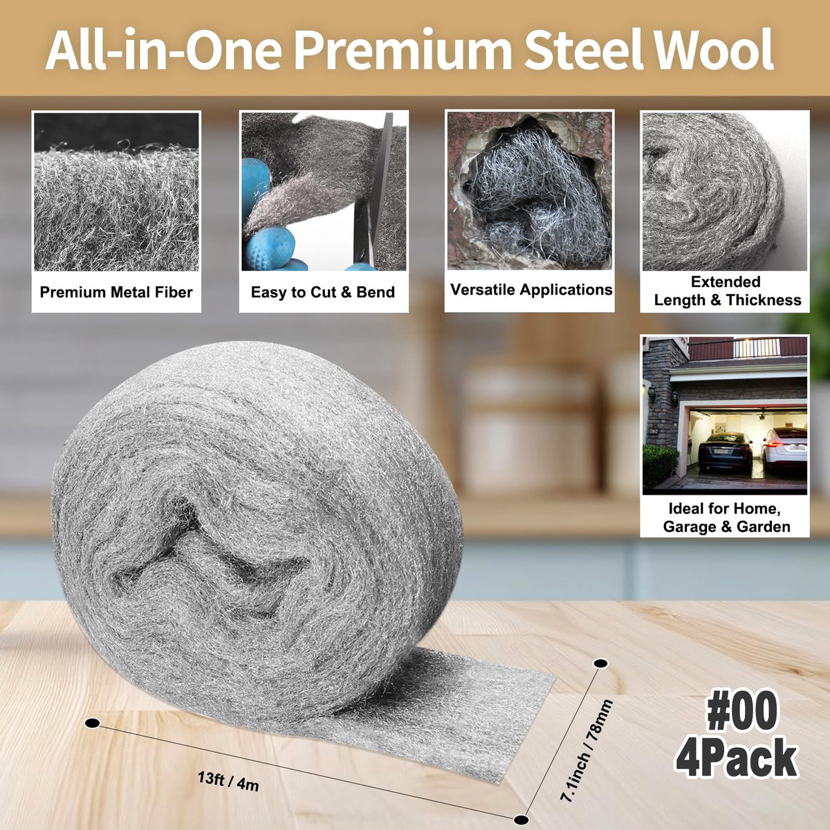 Steel Wool Mice Control, #1 Coarse, 3.1 inch x 13 ft, 4 Pack