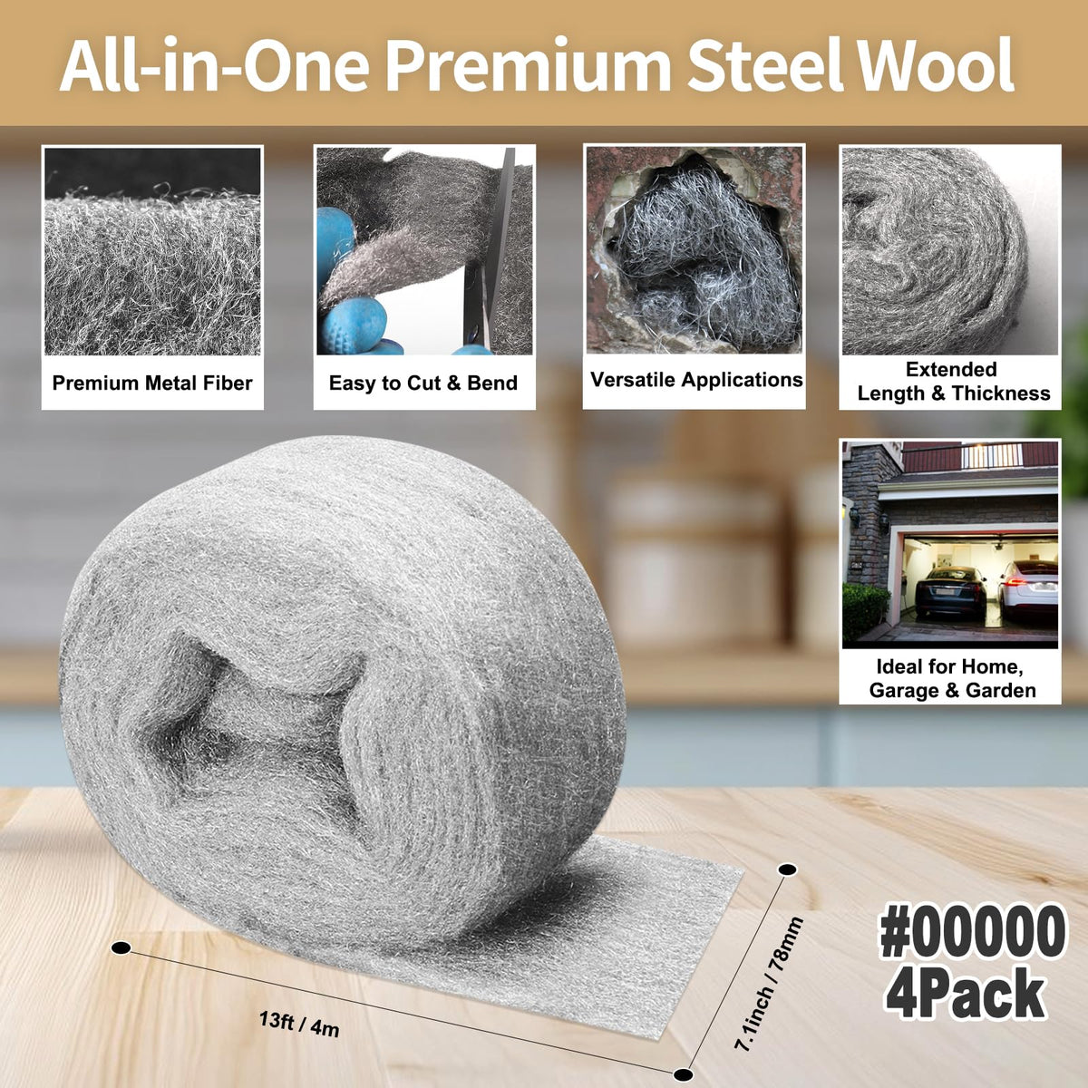 Steel Wool Mice Control, #1 Coarse, 3.1 inch x 13 ft, 4 Pack