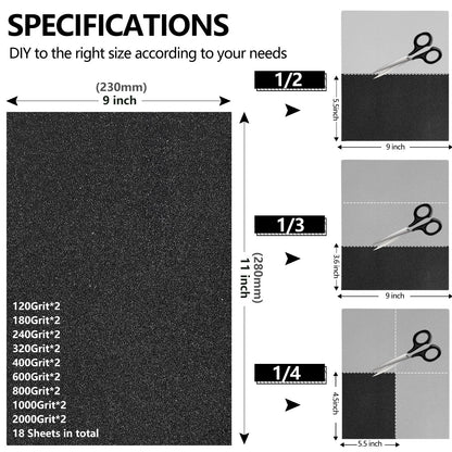 18-Sheet 9 x 11 Inch Sandpaper Assortment, Wet Dry Sand Paper 120/180/240/320/400/600/800/1000/2000 Grit, for Wood Metal Automotive Sanding and Polishing