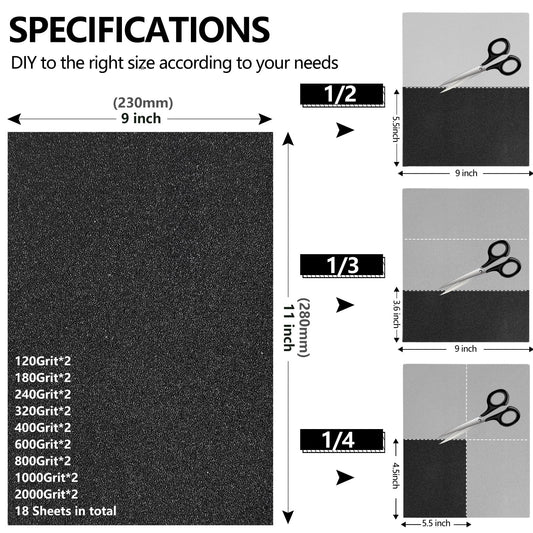 18-Sheet 9 x 11 Inch Sandpaper Assortment, Wet Dry Sand Paper 120/180/240/320/400/600/800/1000/2000 Grit, for Wood Metal Automotive Sanding and Polishing